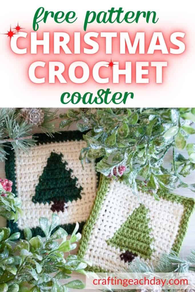 text reading free pattern christmas crochet coaster and two crocheted christmas tree coasters with sparkly greenery