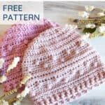 text reading primrose hat crochet pattern free pattern and two pink crochet hats with white and green foliage