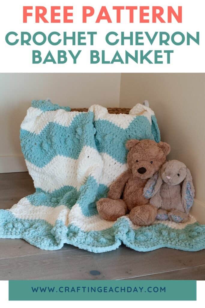 text reading free pattern crochet chevron baby blanket and blanket over a basket with stuffed animals