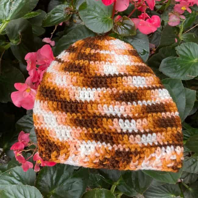 crochet beanie in brown and whie