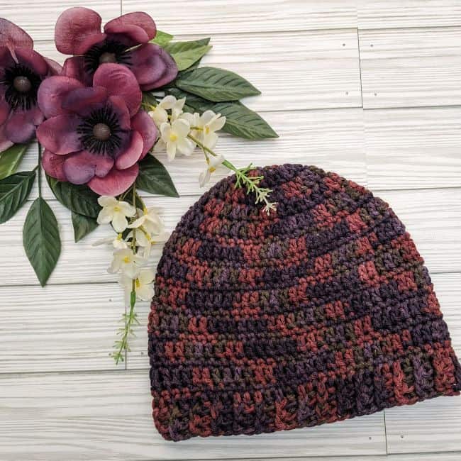 crochet beanie in rust and brown