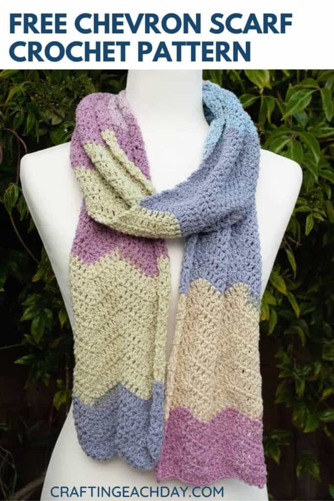 crochet chevron scarf displayed on a mannequin and text reading free chevron scarf crochet pattern